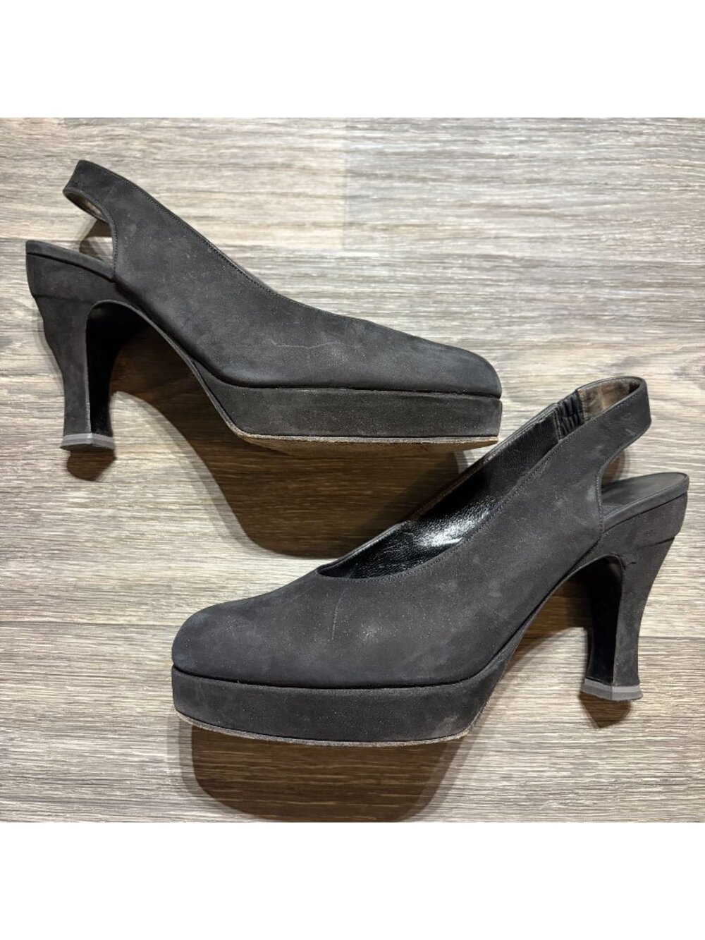 Karl Lagerfeld Suede Slingback Platform Heels 7M Black Almond Toe France VTG Y2K